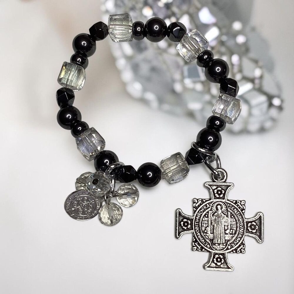 Hematite and Crystal Saint Benedict Cross Religious Stretch Bracelet Black Clear